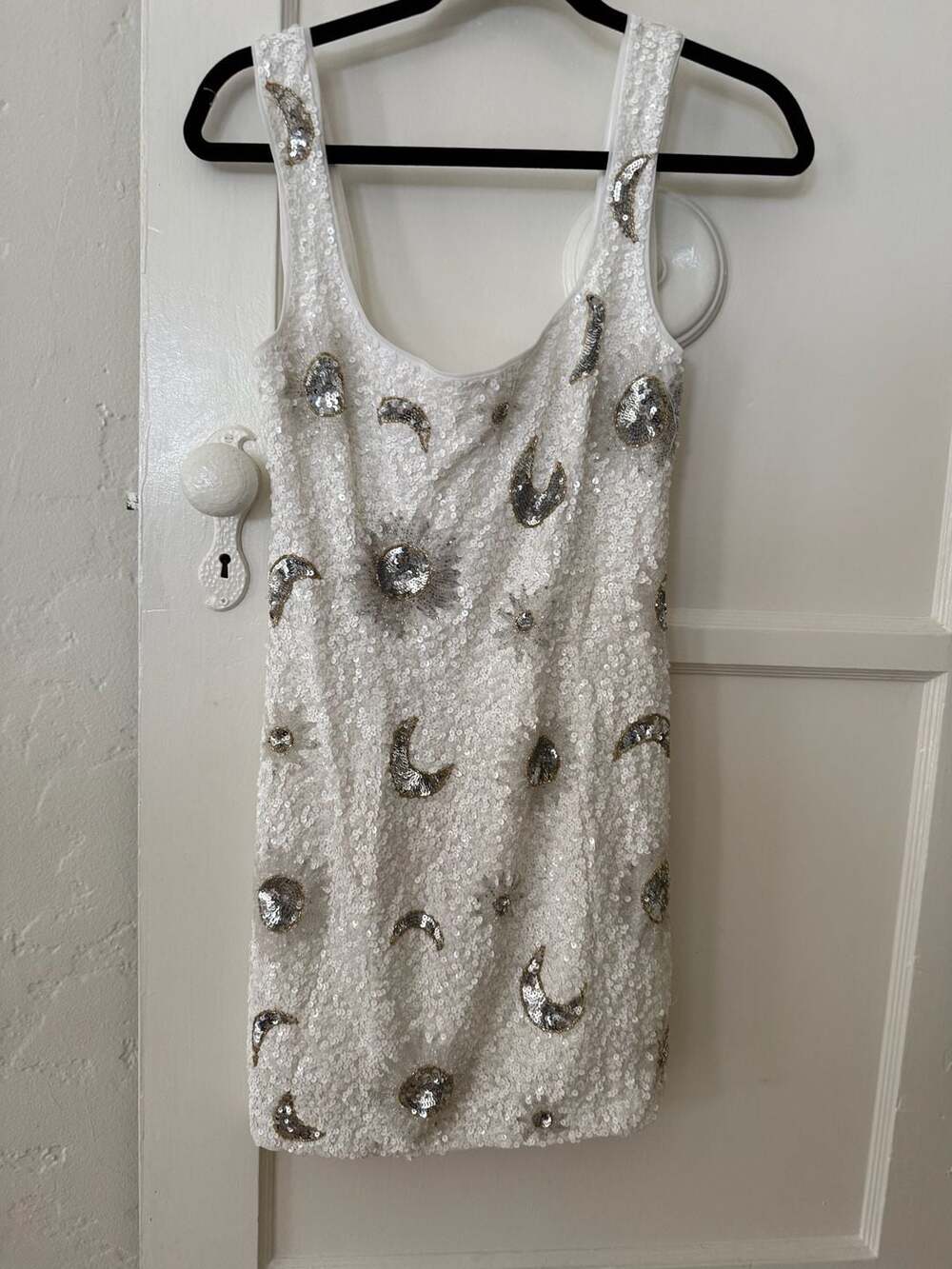 Show Me Your MuMu White Sequin Mini Dress with Silver Moon Embellishments